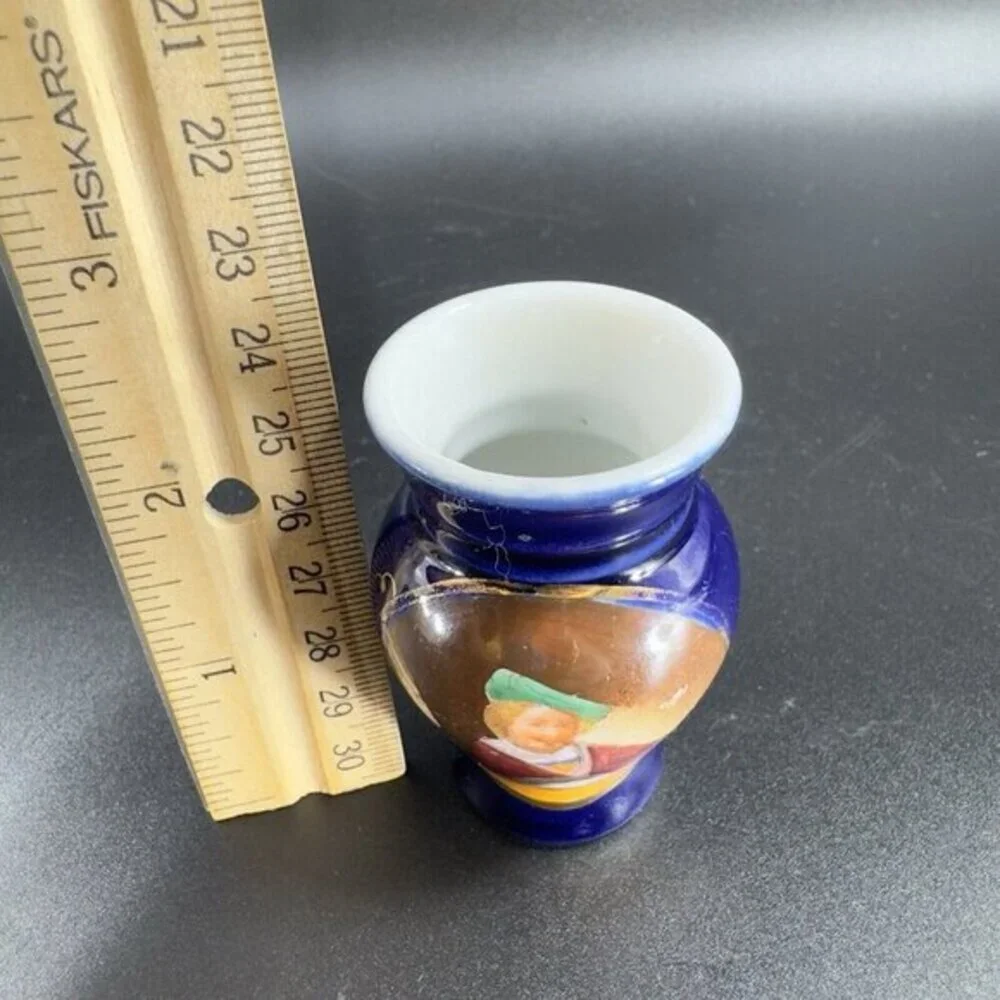 Antique Hand Painted Portrait Porcelain Small Miniature Vase‎ Cobalt Blue VTG